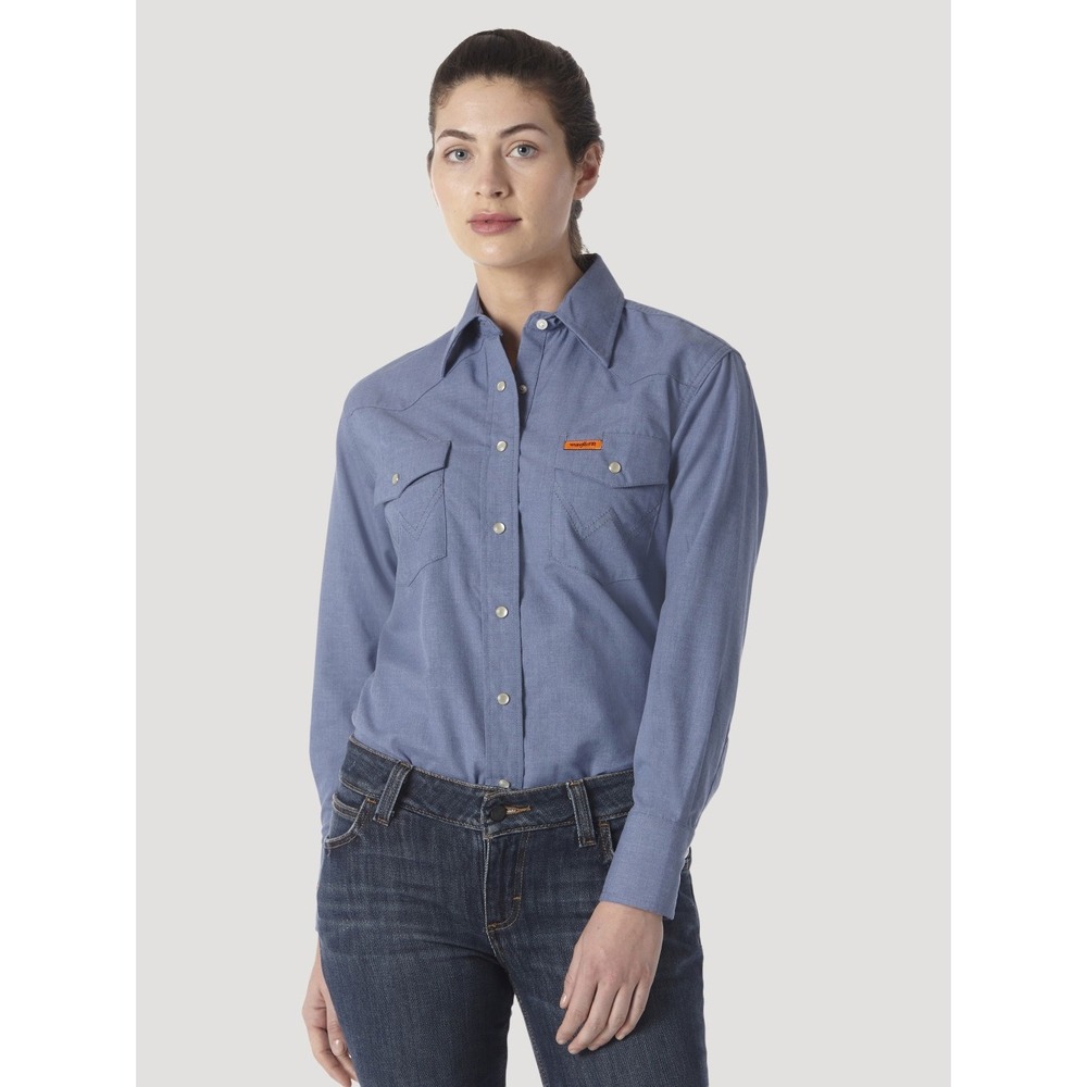 Wrangler FR Womens Blue Flame Resistant Western Snap Work Shirt Size Medium